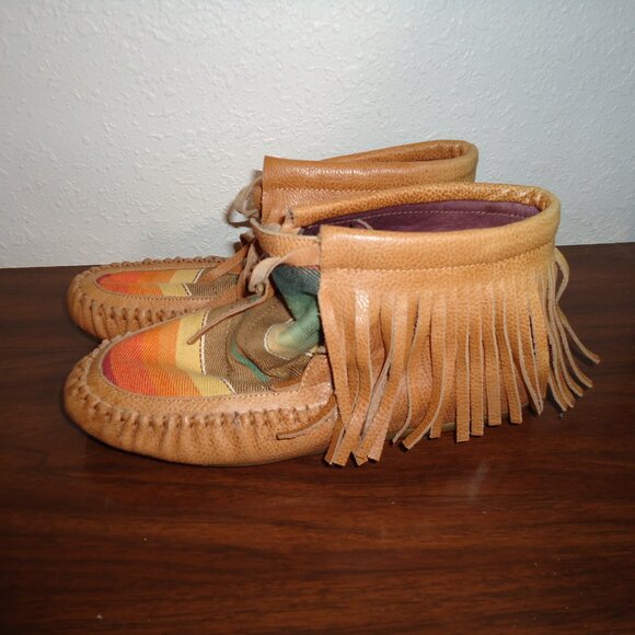 Gorgeous Sz 6 L & B Fringed Moccasins Slip On leather Aztec Boots Shoes - Picture 10 of 13